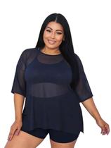 Blusa Tule Feminina Fitness Academia PLus Size Azul Marinho