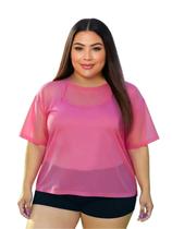Blusa Tule Feminina Fitness Academia PLus Size Rosa Pink