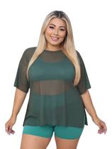 Blusa Tule Feminina Fitness Academia PLus Size Verde Militar