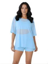 Blusa Tule Feminina Manga Curta Fitness Academia Azul Bebe Cor:Azul BebeTamanho:Único