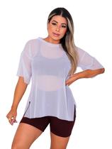 Blusa Tule Feminina Manga Curta Fitness Academia Branco Blusa Tule Feminina Manga Curta Fitness Academia Branco