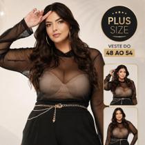 Blusa Tule Feminina Transparente Cor Preta Manga Longa Moda Blogueira Tamanho GG Blusa Tule Feminina Transparente Cor Preta Manga Longa Moda Blogueira Tamanho GG