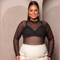 Blusa Tule Feminina Transparente Cor Preta Manga Longa Moda Blogueira Tamanho GG Blusa Tule Feminina Transparente Cor Preta Manga Longa Moda Blogueira Tamanho GG