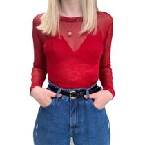 Blusa Tule Feminino Transparente Vermelho Linha de Luxo