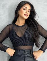 Blusa Tule Fios Lurex Body Manga Transparente Brilho Sexy Blusa Tule Fios Lurex Body Manga Transparente Brilho Sexy
