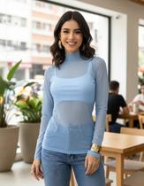 Blusa Tule Leve Manga Longa Gola Alta Elegante Romantica