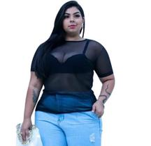 Blusa Tule Manga Curta Feminina Transparente Tendência