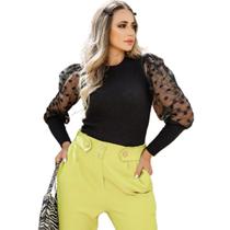 Blusa Tule Manga Longa Luxo Elegante Poá