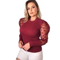 Blusa Tule Manga Longa Luxo Elegante Poá