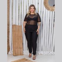 Blusa Tule Transparente Manga Curta Feminina Plus Size, Sexy, Moderna, Estilosa , Barata, Festa