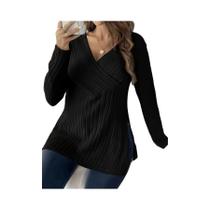 Blusa Tunic De Manga Longa Com Decote Em V E Pregas Para Mulheres, Design Elegante E Confortável
