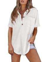 Blusa túnica Astylish Waffle Knit de manga curta com decote em V branca