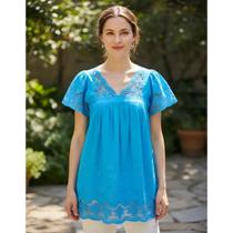 Blusa Túnica Bata Indiana Feminina Gestante Bordada Azul HC-58089