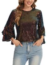 Blusa túnica de lantejoulas brilhantes, elegante, LADI TREND, feminina, preta Blusa túnica de lantejoulas brilhantes, elegante, LADI TREND, feminina, preta