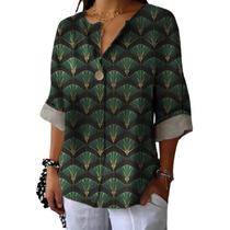 Blusa túnica domirica, estampa floral de verão, decote em V, manga 3/4