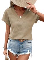 Blusa túnica feminina EVALESS 2025 com decote em V, manga curta, cáqui