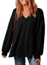 Blusa túnica feminina EVALESS, manga comprida, decote em V, preta, 2GG