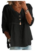 Blusa túnica feminina GORGLITTER de renda, manga 3/4, preta peplum Blusa túnica feminina GORGLITTER de renda, manga 3/4, preta peplum