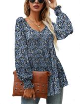 Blusa túnica feminina LOMON, casual, outono, estampa floral, manga folhada