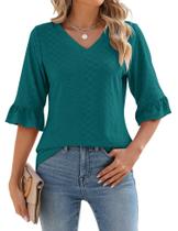 Blusa túnica feminina LOMON com decote em V, manga 3/4, azul pavão Blusa túnica feminina LOMON com decote em V, manga 3/4, azul pavão