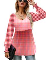 Blusa túnica feminina LOMON, manga comprida, decote em V, guingão, xadrez Blusa túnica feminina LOMON, manga comprida, decote em V, guingão, xadrez