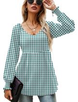 Blusa túnica feminina LOMON, manga comprida, decote em V, guingão, XXL Blusa túnica feminina LOMON, manga comprida, decote em V, guingão, XXL