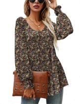 Blusa túnica feminina LOMON, manga comprida, decote em V, plissada Blusa túnica feminina LOMON, manga comprida, decote em V, plissada