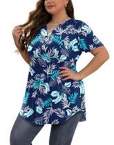 Blusa túnica feminina SHIJIALI, tamanho grande, manga curta, palmeira azul FP