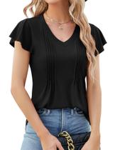Blusa túnica LOMON, manga esvoaçante para mulheres, decote em V, babados, preta Blusa túnica LOMON, manga esvoaçante para mulheres, decote em V, babados, preta