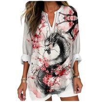 Blusa túnica MARSVOVO Black Dragon Pink Cherry Flower feminina 5GG