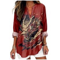 Blusa túnica MARSVOVO Red Dragon Head com estampa de decote em V para mulheres