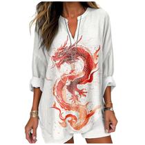 Blusa túnica MARSVOVO Red Dragon Print, decote em V, manga comprida, feminina Blusa túnica MARSVOVO Red Dragon Print, decote em V, manga comprida, feminina