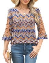Blusa túnica Rapbin feminina de renda de verão manga 3/4 GG Boho Blusa túnica Rapbin feminina de renda de verão manga 3/4 GG Boho