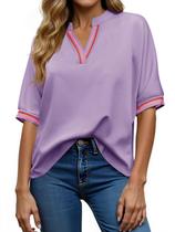 Blusa túnica Tankaneo feminina com decote em V, bloco colorido, violeta de grandes dimensões Blusa túnica Tankaneo feminina com decote em V, bloco colorido, violeta de grandes dimensões