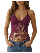 Blusa única BEAUDRM de lantejoulas douradas Y2k Sparkly Floral Purple