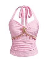 Blusa única SOLY HUX com decote em V, costas abertas e florais franzidas para mulheres Blusa única SOLY HUX com decote em V, costas abertas e florais franzidas para mulheres