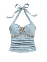 Blusa única SOLY HUX, decote em V, costas abertas, franzido, azul floral Blusa única SOLY HUX, decote em V, costas abertas, franzido, azul floral