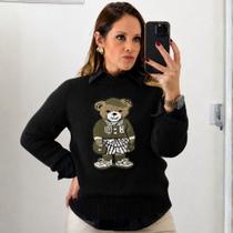 Blusa Urso Jacquard Feminino Tricot Inverno Estampado Casual Manga Longa,