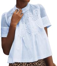 Blusa VAOYIU com detalhes de renda, manga curta, azul claro, L Blusa VAOYIU com detalhes de renda, manga curta, azul claro, L