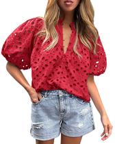 Blusa Vermelha de Renda com Decote em V Feminina PRETTYGARDEN Verão XL