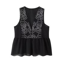 Blusa Vintage Feminina De Chiffon Com Decote Em V Sem Mangas Bordada Casual Chic