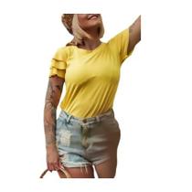 Blusa viscolycra básica gola rasa manga curta 3 babados elegante feminino