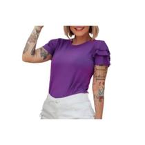 Blusa viscolycra básica gola rasa manga curta 3 babados estilo feminino