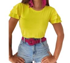 Blusa viscolycra básica gola rasa manga curta três babados moda feminina