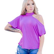 Blusa viscolycra gola alta recorte no ombro manga curta feminino básico