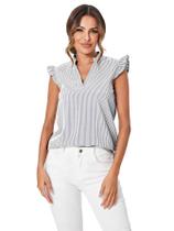 Blusa WDIRARA feminina listrada com babados e decote em V
