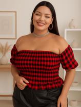 Blusa Xadrez Feminina Cropped Plus Size Ciganinha Lastex Ajustável Casual Festa Junina