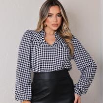 Blusa Xadrez Feminina Manga Longa Bufante Gola V