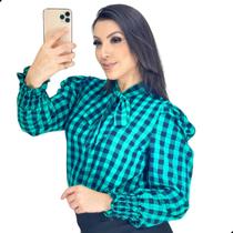 Blusa Xadrez Feminina Manga Longa Bufante Princesa Gola Laço