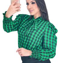 Blusa Xadrez Feminina Manga Longa Bufante Princesa Gola Laço